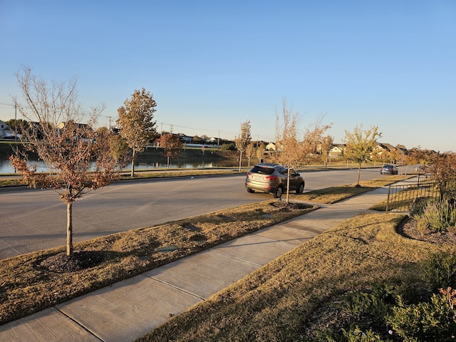 view of street with a water view