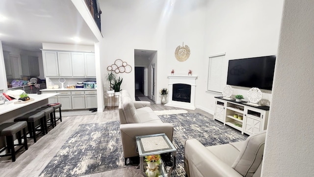 living room featuring a towering ceiling and light hardwood / wood-style floors