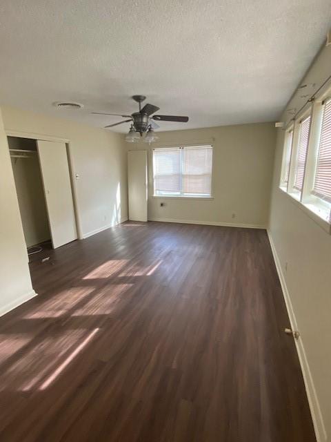 interior space with dark hardwood / wood-style flooring, multiple windows, and a textured ceiling