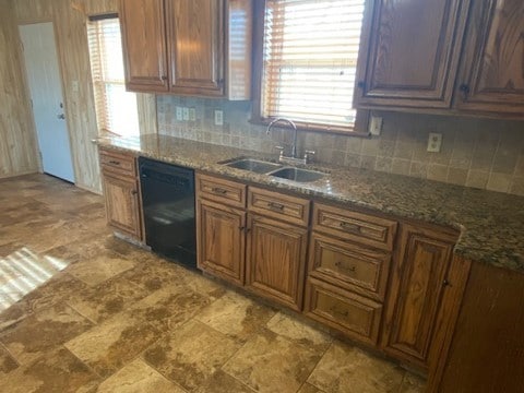 kitchen with sink, backsplash, dark stone counters, and dishwasher