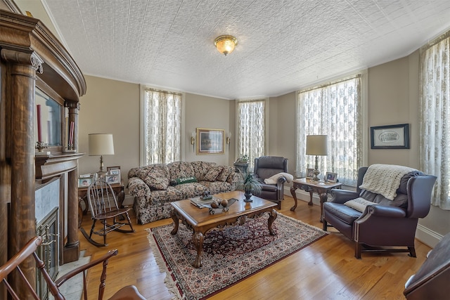 living room with a textured ceiling, light wood-type flooring, and a healthy amount of sunlight