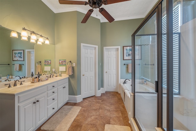 bathroom featuring plenty of natural light, ceiling fan, ornamental molding, and plus walk in shower