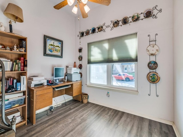 office with dark wood-style floors, a ceiling fan, and baseboards