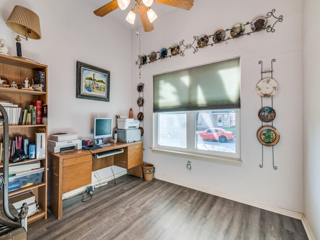 office space with dark hardwood / wood-style flooring and ceiling fan