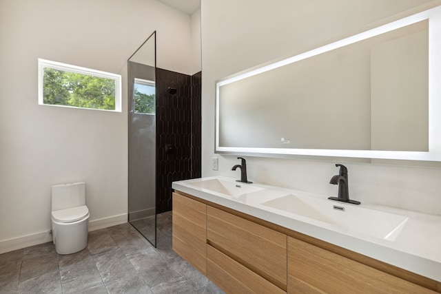 bathroom with a shower, vanity, and toilet