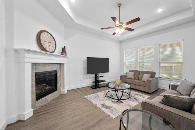 living area with wood finished floors, a fireplace, a raised ceiling, and baseboards