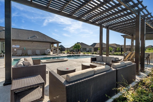 pool featuring an outdoor living space, a pergola, and a patio