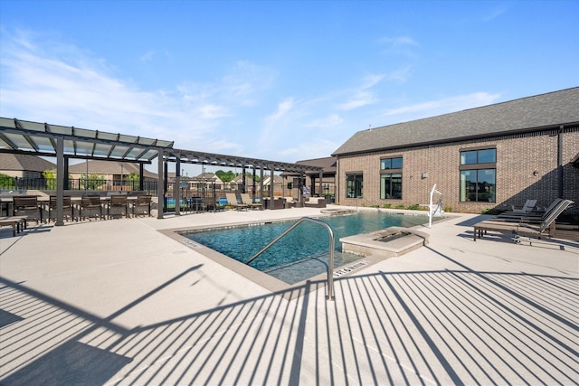 pool featuring a pergola, a patio, and fence