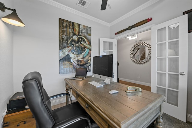 office area featuring crown molding, french doors, and ceiling fan