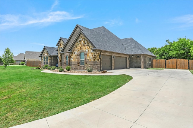 view of front of property featuring a garage and a front lawn