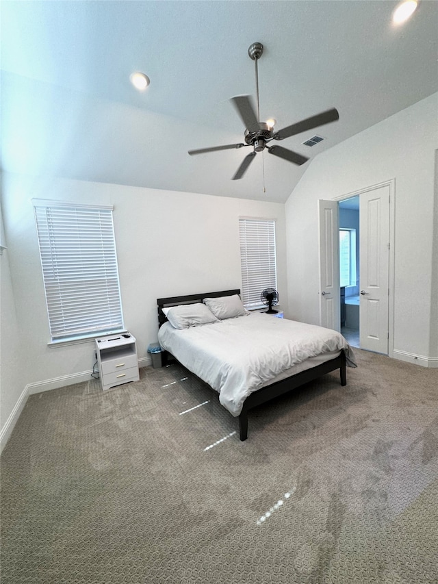 bedroom featuring vaulted ceiling, ceiling fan, and carpet