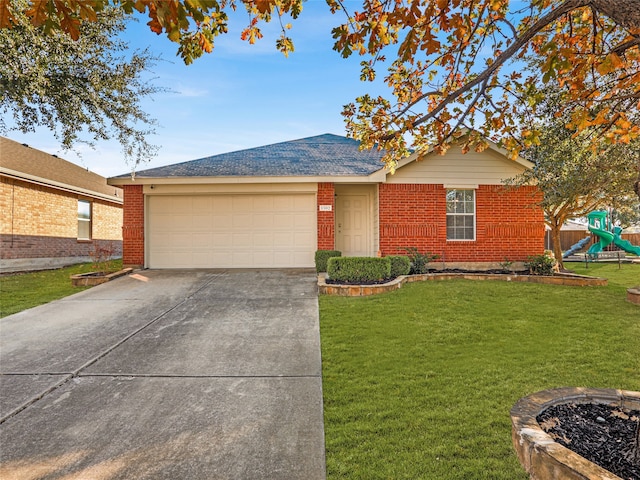 single story home featuring a playground, a front lawn, and a garage