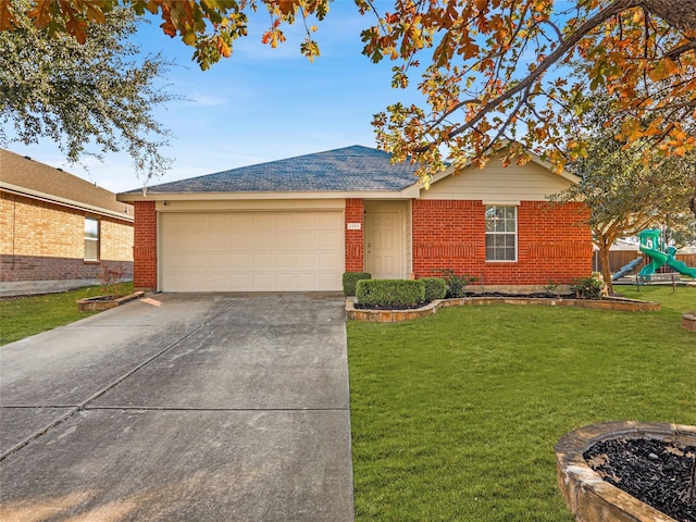 single story home featuring a playground, a front lawn, and a garage