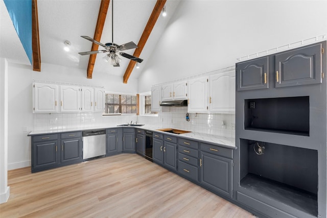 kitchen featuring decorative backsplash, light wood-type flooring, white cabinets, beamed ceiling, and dishwasher