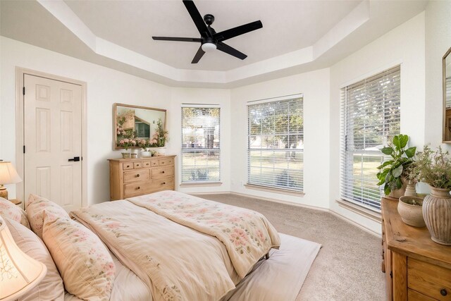 carpeted bedroom featuring ceiling fan and a raised ceiling