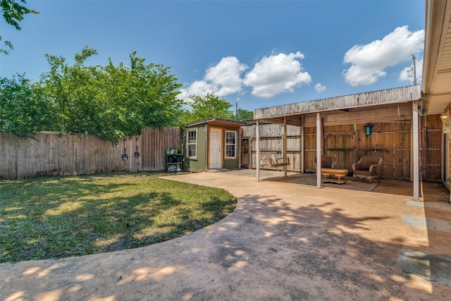 view of yard with a storage unit and a patio