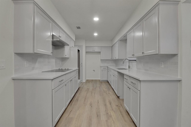 kitchen featuring sink, black electric stovetop, white cabinets, and light hardwood / wood-style flooring