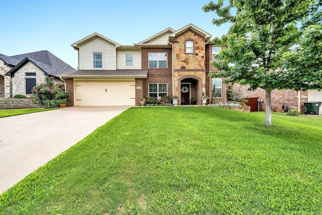 view of front of property featuring a garage and a front lawn