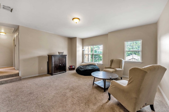 sitting room with light colored carpet