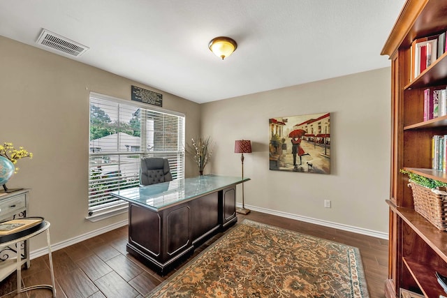 home office featuring dark wood-type flooring