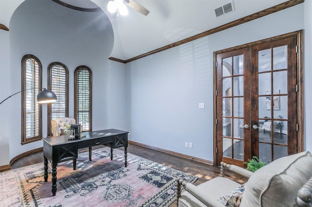 home office with french doors, hardwood / wood-style flooring, ceiling fan, and a healthy amount of sunlight