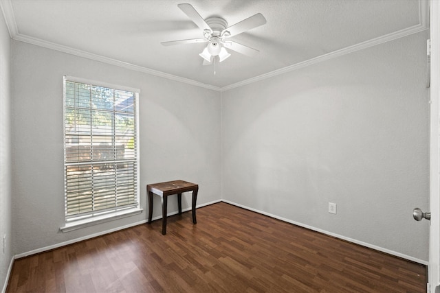 unfurnished room with ceiling fan, crown molding, and dark hardwood / wood-style floors