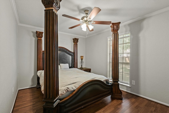 bedroom featuring ceiling fan, crown molding, and dark wood-type flooring