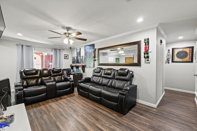 living room with dark wood-type flooring and ornamental molding