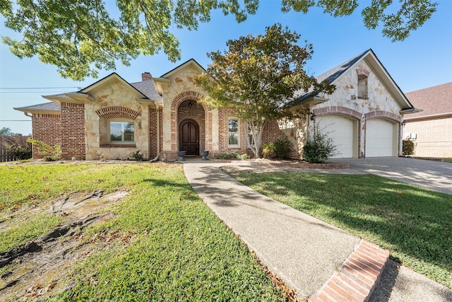 view of front of home with a front lawn and a garage