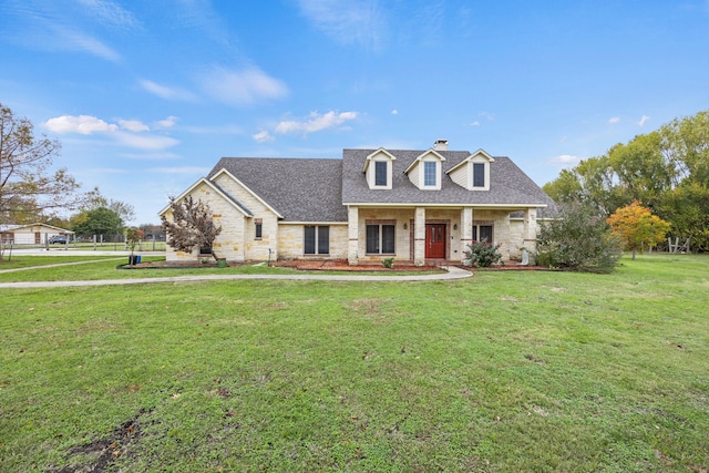 new england style home with a front yard and covered porch