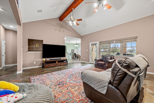 living room with beam ceiling, ceiling fan, and high vaulted ceiling