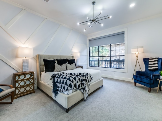 carpeted bedroom featuring crown molding and a chandelier