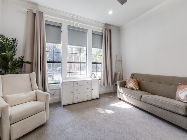 carpeted living room with ornamental molding