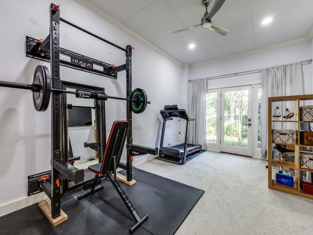 workout room featuring ceiling fan, crown molding, and carpet