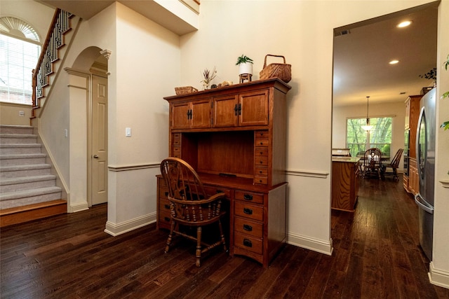 office with recessed lighting, dark wood finished floors, and baseboards