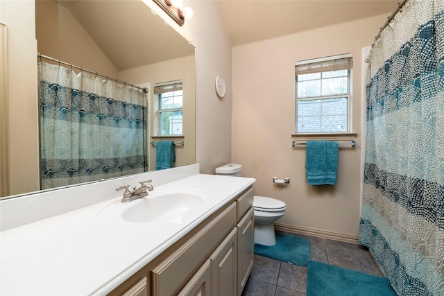 bathroom featuring lofted ceiling, tile patterned flooring, toilet, a shower with shower curtain, and vanity