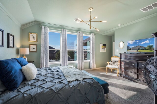 carpeted bedroom with vaulted ceiling, ornamental molding, and a notable chandelier