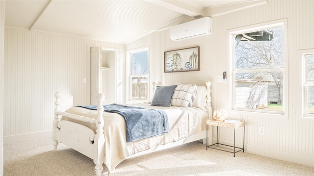 bedroom with lofted ceiling with beams, multiple windows, a wall unit AC, and carpet flooring