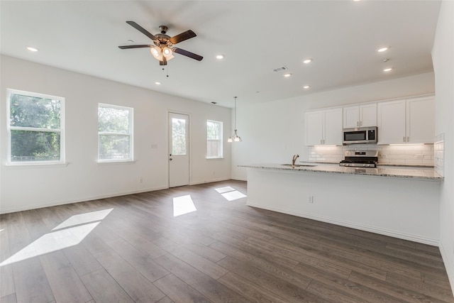 kitchen with appliances with stainless steel finishes, dark hardwood / wood-style flooring, white cabinetry, and light stone counters