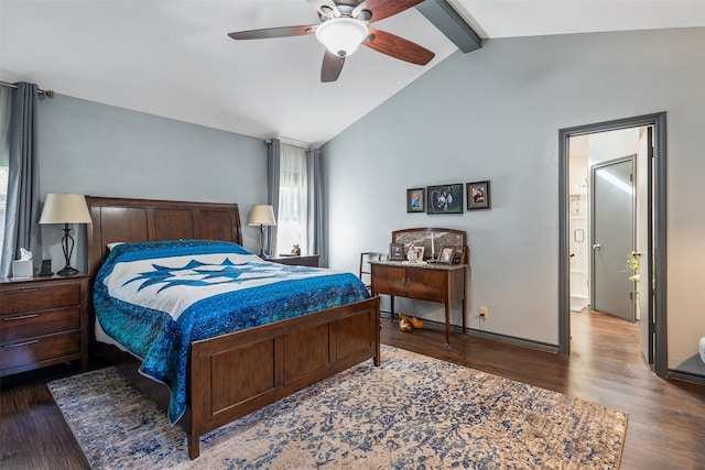 bedroom featuring ceiling fan, lofted ceiling with beams, and hardwood / wood-style floors