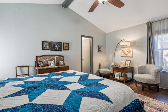 bedroom with lofted ceiling with beams, ceiling fan, and dark hardwood / wood-style flooring