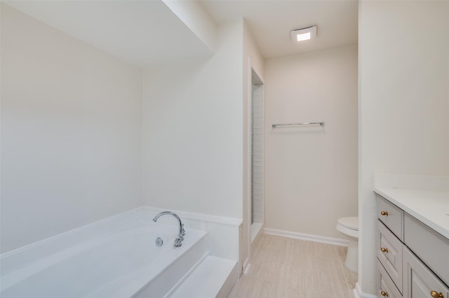 bathroom with toilet, vanity, and a washtub