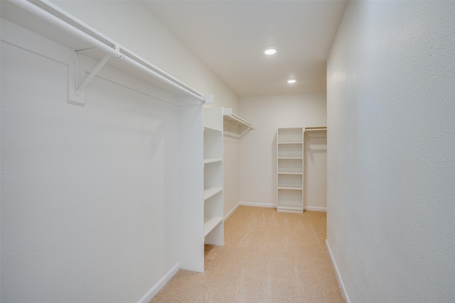 spacious closet featuring light colored carpet