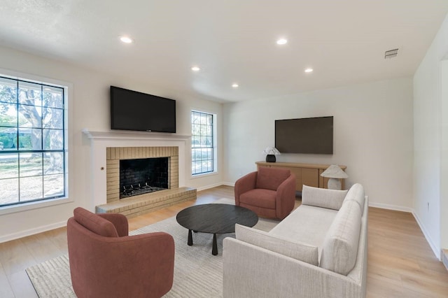 living room featuring a fireplace and light wood-type flooring