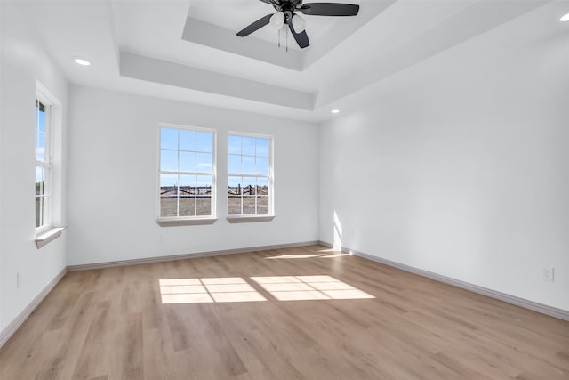 spare room featuring a tray ceiling, light hardwood / wood-style flooring, and a healthy amount of sunlight