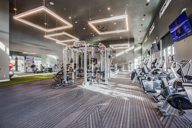 2543 Carolwood Ln, Dallas, TX 75212 - exercise room with visible vents, carpet, and a towering ceiling