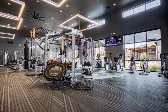 workout area with visible vents, carpet, and a high ceiling