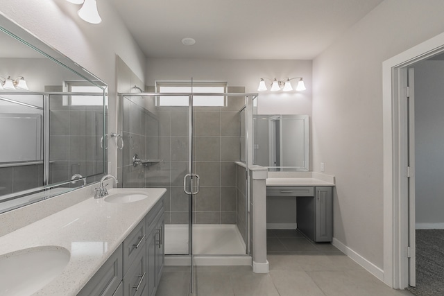 bathroom with tile patterned flooring, vanity, and walk in shower