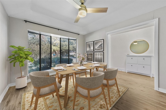 dining room featuring ceiling fan and light wood-type flooring