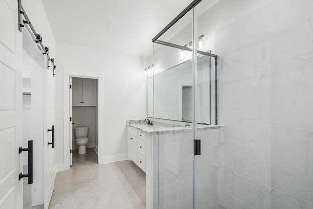 bathroom featuring toilet, vanity, concrete flooring, and walk in shower